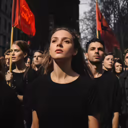 woman in black leading a crowd with red flags