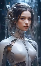 a futuristic looking girl wearing a white suit