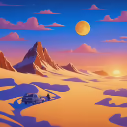 an illustrated painting of the setting sun in the snowy mountains