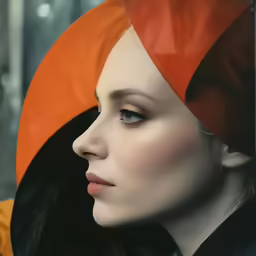 a woman wearing red and orange with a headscarf on her head