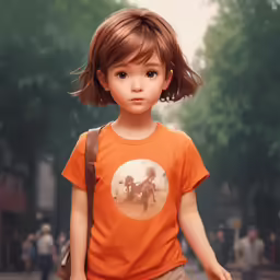 an adorable little girl with brown hair and an orange shirt