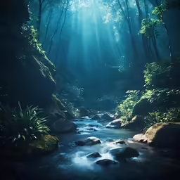 sun rays shine brightly down in a dark jungle setting