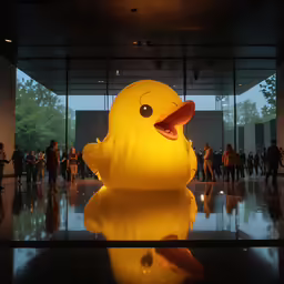 a giant yellow bird sits in front of some people
