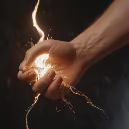a man holds a light bulb and shows the spark