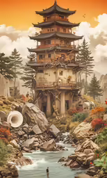 the water is clear and crystal and this is a painting of an old house