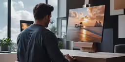 a man looking at the screen on a flat - panel tv