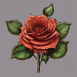 a red rose with two leaves on a gray background,a red rose with green leaves on a grey background