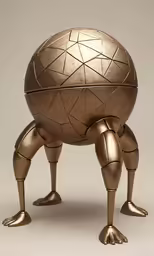 a bronze egg - like creature that has two legs and is facing towards the left