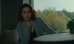 a woman sitting at a table with a green plant
