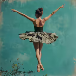 a woman in black is wearing a dress floating through the air
