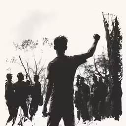 a group of soldiers and a soldier raising his fist