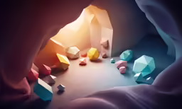 a group of geometric shapes near a small cave