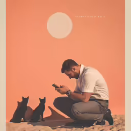 a man squatting on the sand while looking at his phone