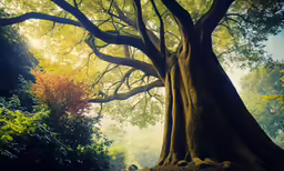 a painting of a large tree with many leaves on it