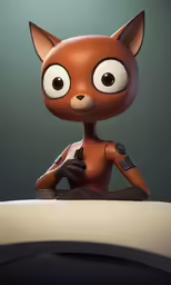 a small figure sitting at a table with an electronic device on it