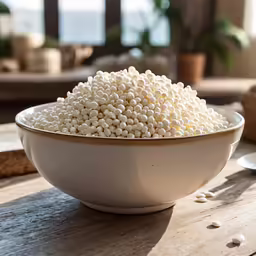 a bowl filled with white candy on top of a table