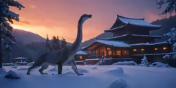 an image of a fake dinosaur walking in the snow