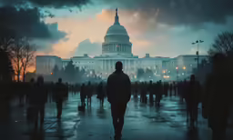 a crowd is walking in the rain by a building