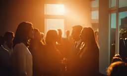 two women at an event chatting and looking at another