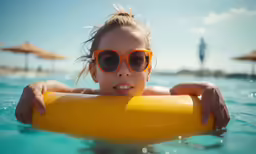 a little girl with glasses is in the swimming pool