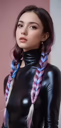 an asian woman wearing a black top and a multi colored braid