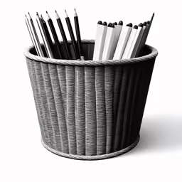 black and white image of office pens in wicker basket