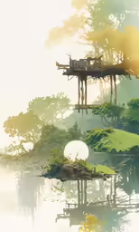 a lake scene shows water lilies, trees, and a treehouse