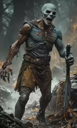 a painting of a demonic - looking character with two swords