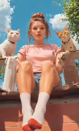 a girl sitting on the brick with two cat statue behind her