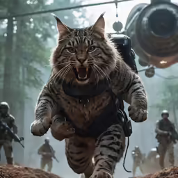 an angry cat running in the dirt