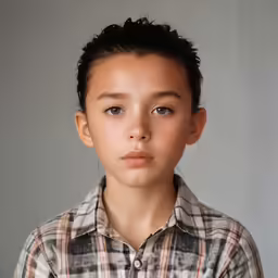 a young person with short hair and brown eyes