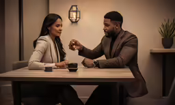 man and woman sitting at a table having conversation