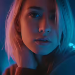 a blond haired woman with blue eyes and glowing skin
