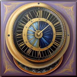 a large clock painted with gold, blue and purple,this is an image of a fancy, golden clock