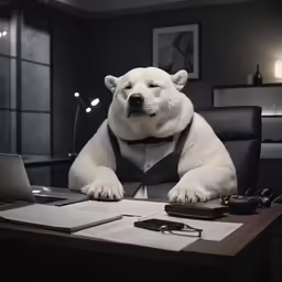 a polar bear wearing a vest sitting at a desk