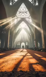 a person walks through a church with the sun rays shining