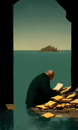 a man sitting on the edge of a pier next to the ocean
