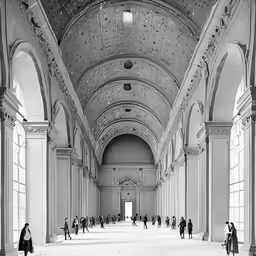 a huge open building with people walking around it