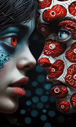 two images of the face of a woman with their eyes covered with red and black,