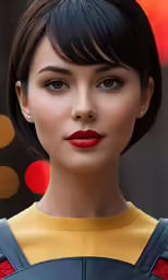 a girl with red lips and a short pik