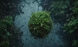 the view of a forest through water with plants growing on top of it