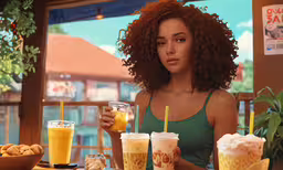 a woman is drinking and holding a drink,a woman wearing green shirt standing next to a table of food