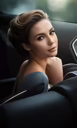 a woman wearing a dress in the driver seat of a car