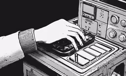 the hands are pressing a record onto a machine,a person in a black and white image playing on a record player