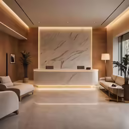 a very elegant hotel reception area with large windows