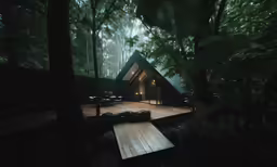 an exterior shot of a small cabin in the middle of the forest