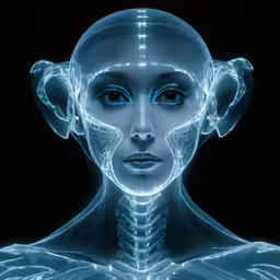 the woman is facing forward in front of the image