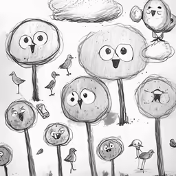 an illustrated drawing of birds flying around the trees