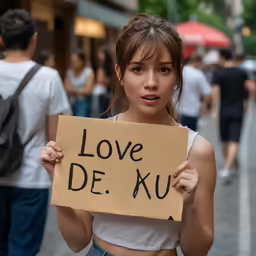 the girl holds up a sign with an inscription in it