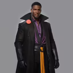 a man wearing a coat with black leather detailing